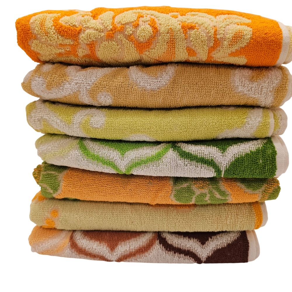 Vintage 70s Hand Bath Towels 7pc Mod Terry Fox Modische Frottierwasche MCM NOS